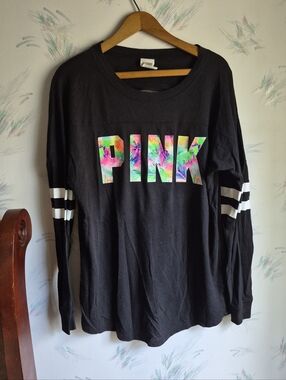 PINK Victoria's Secret Black Long Sleeve Tee Open Back Tropical Logo Small S